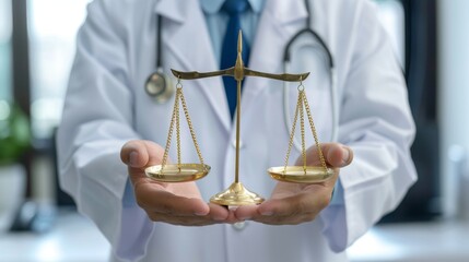Fair and ethical medical practice portrayed by a doctor holding scales of justice.