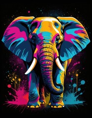 Obraz premium An elephant, bathed in a vibrant spectrum of colors, stands tall against a black background, its trunk raised in a gesture of power and grace.