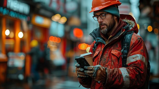Construction Worker Using Smartphone in Busy City Street