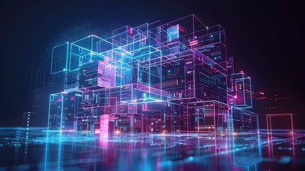 Fototapeta premium Futuristic City Hologram with Illuminated Architectural Wireframe Structures
