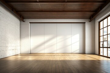 Fototapeta premium Bright and spacious loft with sunlight casting shadows on a blank wall, ideal for mockups