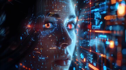 Obraz premium Futuristic Digital Art with Glowing Holographic Interface and Data Matrix