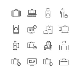Set of baggage and travel icons, bag size, special none format baggage and linear variety vectors.	