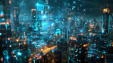 Obraz premium Futuristic Digital Metropolis Cityscape with Intricate Technological Networks and Neon Lights