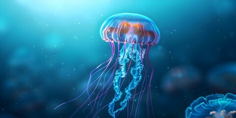 Obraz premium Discover the beauty of luminous jellyfish with graceful tentacles in the shimmering ocean. Concept Underwater Photography, Marine Life, Bioluminescence, Ocean Ecosystems, Jellyfish Wildlife