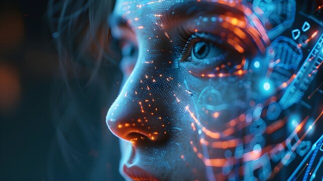Futuristic Illuminated Cyborg Face with Glowing Digital Patterns and Elements