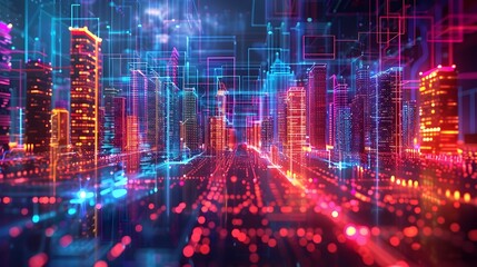 Fototapeta premium Glowing Neon Metropolis Futuristic City Skyline with Technological Innovations