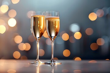 Champagne glasses with bubbly on sparkling bokeh background for celebrations and festive occasions