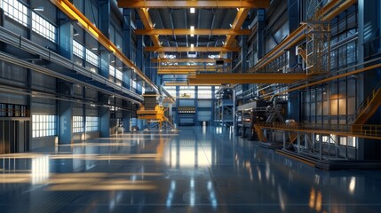 Fototapeta premium Impressive interior of a vast industrial facility with prominent steel structures, showcasing the scale and modernity of modern manufacturing. Generative Ai