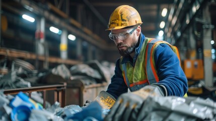 Industrial recycling facility worker in safety gear sorts materials.