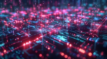 Obraz premium Vibrant Technological Abstract Landscape with Futuristic Neon Lights and Digital Network