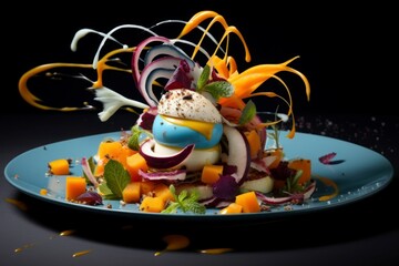 Obraz premium Modern culinary art piece, featuring a vibrant arrangement of fresh vegetables and edible flowers on a plate