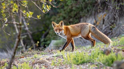 Fototapeta premium Original: Red fox, Vulpes vulpes, standing in a field with a sunny background...Optimized: Red fox (Vulpes vulpes) standing in a meadow with a bright sky.