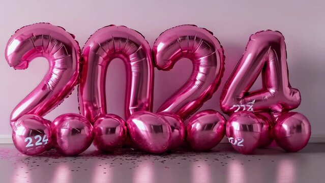 Pink balloon decorations shaped as the year 2024 are displayed against a plain background. The shiny balloons on the ground add a festive atmosphere, making it perfect for holiday celebrations.