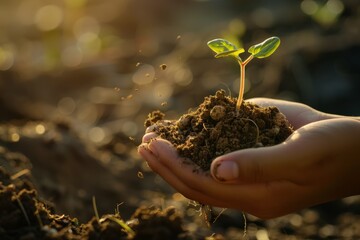 Fototapeta premium Child's hands holding soil with a sprouting plant, symbolizing care and growth