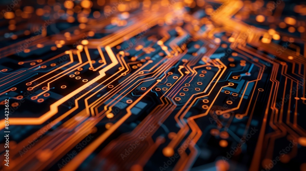 Poster intricate copper pathways: a side view macro of a circuit board's traces and vias