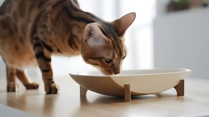 Elegant Feline Enjoying Gourmet Cat Meal in Modern Minimalist Setting