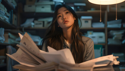 woman reading  paper work with little tense emotion on her face 