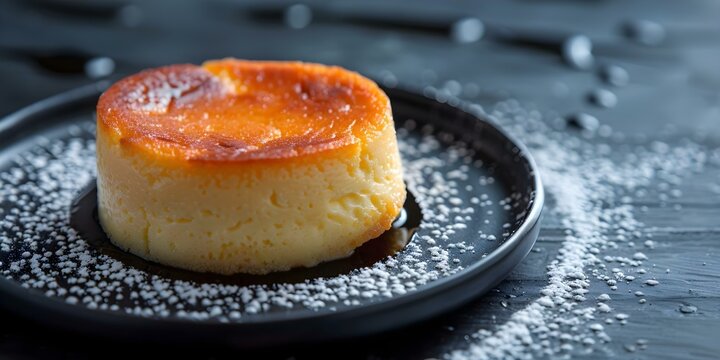 Elegant and Delicious Small Basque Cheesecake on Black Plate A Tempting Dessert Option. Concept Food Photography, Basque Cheesecake, Elegant Desserts, Delicious Treats, Tempting Dessert Options