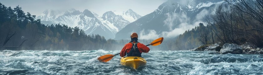 Obraz premium Person kayaking through turbulent river rapids with mountainous scenery