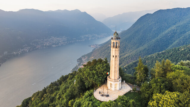 Aerial view of the Faro Voltiano, Volta Lighthouse, in Brunate, Como lake, Como province, Lombardy, Italy 