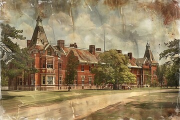 a vintage style painting of an old asylum, now a museum, telling the history of mental health treatment