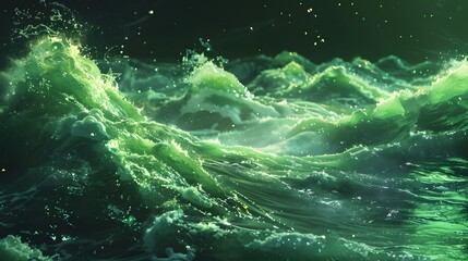 Fototapeta premium Vibrant Green Ocean Waves in Motion Under Dramatic Lighting Capturing the Power and Beauty of Nature