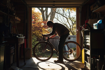 Obraz premium Silhouette of Man Tuning Bicycle in Sunlit Garage with Autumn Trees Outside