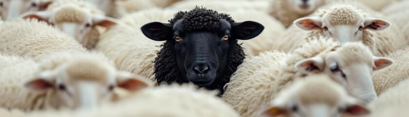 Naklejka premium One black sheep surrounded by white sheep
