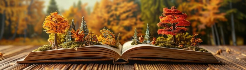 Open book with creative pop up elements and autumn theme