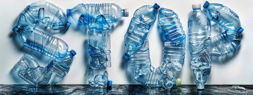 Plastic bottles forming the word "STOP" on a white background, highlighting environmental pollution and the call to reduce plastic waste. Concept of environmental awareness, pollution, and recycling.
