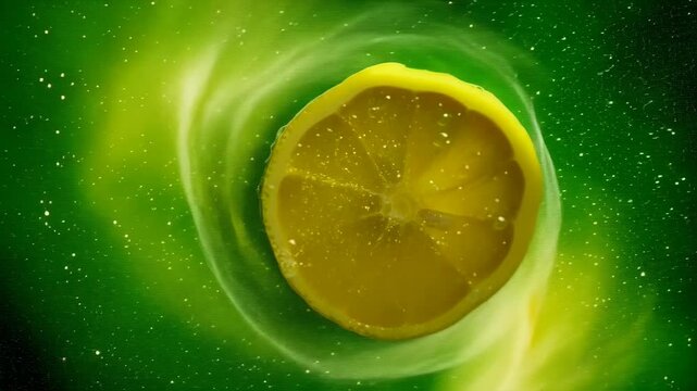 A vibrant lemon slice floats at the center of a swirling green vortex, surrounded by sparkling particles. The lemon's texture and bright yellow color contrast against the dynamic green background.