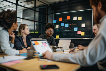 Diverse Team Collaborating in Modern Office with Laptops and Sticky Notes on Black Board