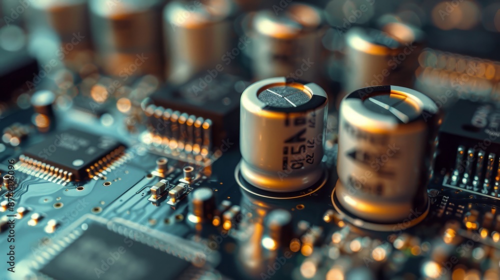 Poster close-up view of capacitors on a circuit board from a side perspective