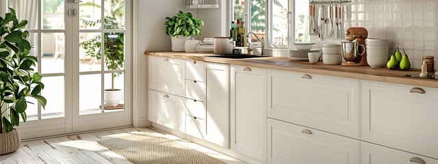 Kitchen interior modern home white room bright house design furniture. Wood kitchen interior modern counter background light countertop minimal apartment wall decor luxury contemporary clean empty.