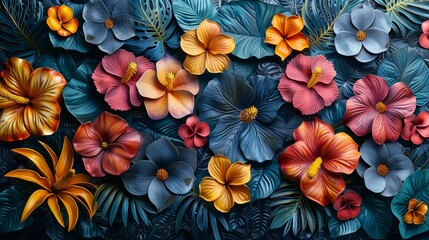 Vibrant tropical botanical wallpaper design with lush leaves, exotic flowers