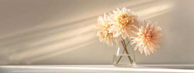 Obraz premium Vase of Dahlia Flowers - Light Reflection, Aesthetic Minimalism, Neutral Background, Soothing Palette
