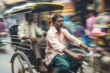 Indian Rickshaw Pulled by Cyclist in Busy Street Market with Motion Blur