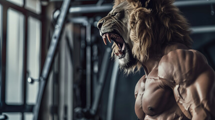 Fototapeta premium Bodybuilder with lion head roaring intensely in a gym with equipment in background. Strength, power, fitness motivation, animalistic force, bodybuilding, gym training, intense workout concept.