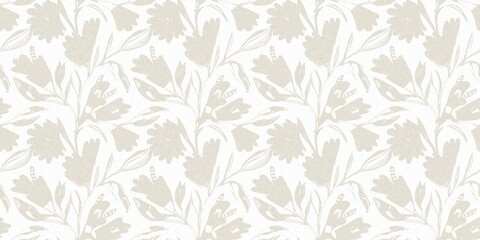 Seamless french gender neutral floral linen printed fabric border background. Light mottled white on grey cottage core block print pattern. Shabby chic woven duotone cloth effect. 