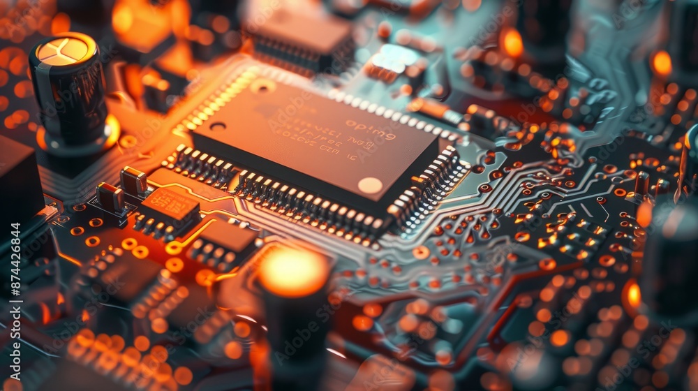Poster close-up angled shot of miniaturized components on a printed circuit board