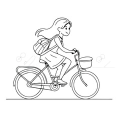 Obraz premium a young girl with a day bag riding on a children's bicycle. The line art vector illustration 