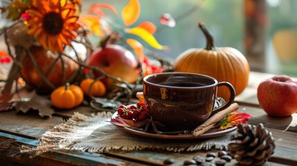Fototapeta premium Warm Autumn Morning Coffee With Pumpkin and Fall Foliage