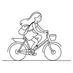 Obraz premium a young girl with a day bag riding on a children's bicycle. The line art vector illustration 