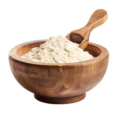 A wooden bowl filled with light beige flour and a small scoop is isolated on a clean transparent background for food production.