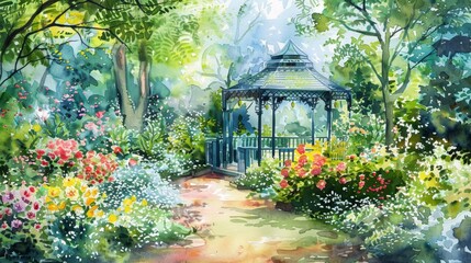 Obraz premium Watercolor Painting of a Garden Gazebo with Flowers