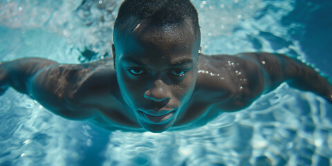 Underwater CloseUp of Man Swimming in Clear Pool with Blue Water Reflections