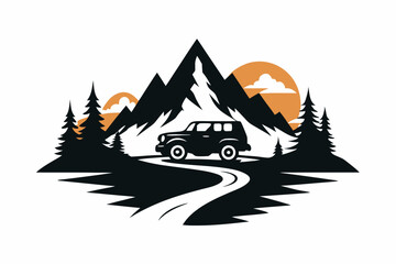 An off-road car conquering flanked by pine trees, with a majestic mountain and flowing river isolated on a white background 