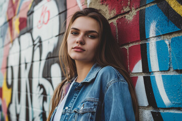 Naklejka premium Young Woman in Denim Jacket Posing Against Colorful Graffiti Wall