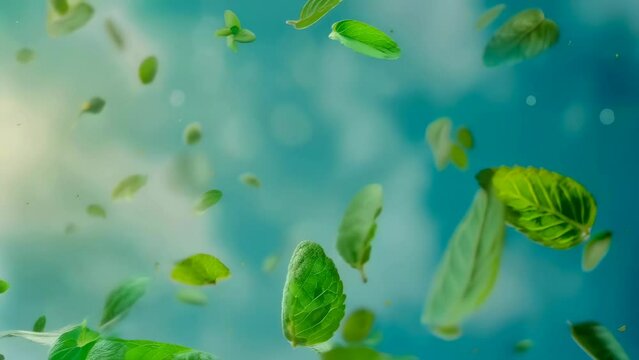Close-up of fresh mint leaves floating against a bright blue sky with sunlight shining through. The green leaves are vibrant and create a refreshing and lively mood, evoking the essence of a sunny